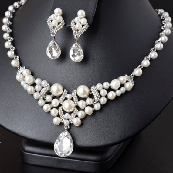 NECKLACE clip ons EARRINGS set Wedding by thefabbridaljewelry