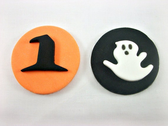Halloween Cupcake Fondant Toppers, Witch Hat and Ghost Cupcake Toppers, Spooky Birthday Party, Ghost Party, Orange Black-12 pcs Il_570xn