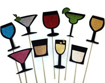 Photo Booth Props - 9 Piece Drink Collection Set - Photo Booth Props with Glitter
