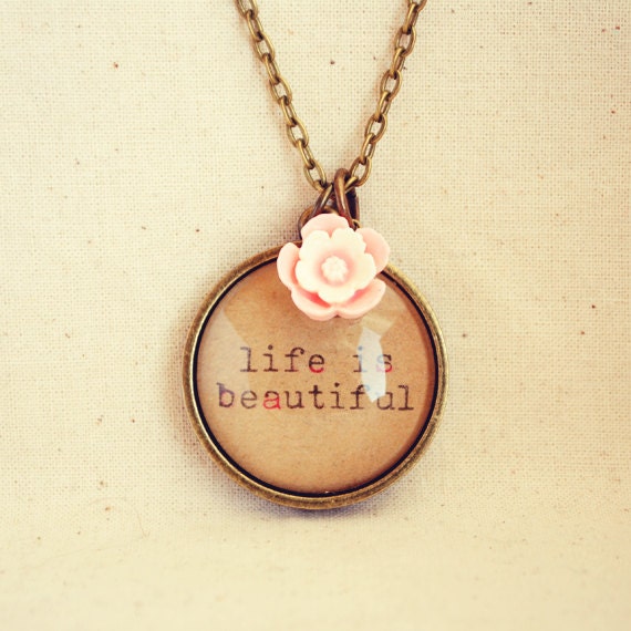 Antique Bronze Life is Beautiful Type Necklace with Pink