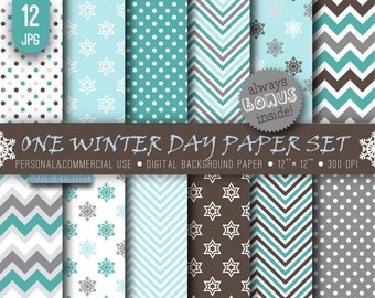 12 x 12 Christmas Winter Digital Paper, 12 x 12 paper, brown blue white paper, winter xmas christmas snowflake chevron party cards paper