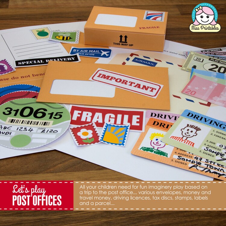 Printable post office set for children's pretend by MissPrintables