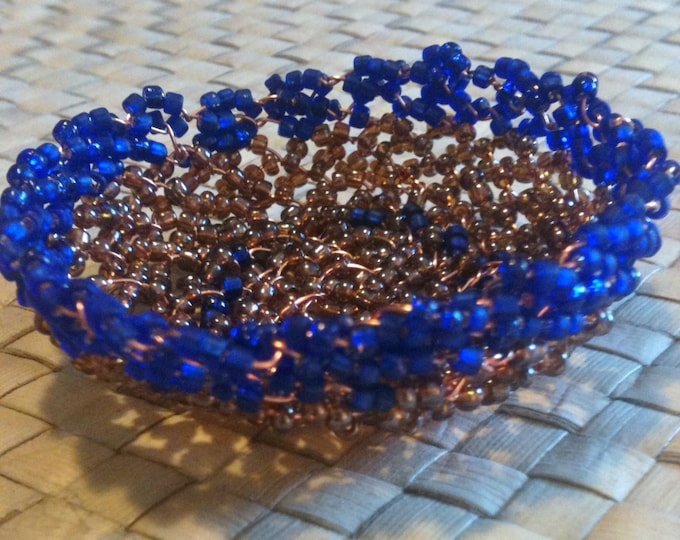 miniature cobalt and amber beaded wire basket