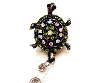 Rhinestone Green Turtle Bling ID badge holder retractable reel