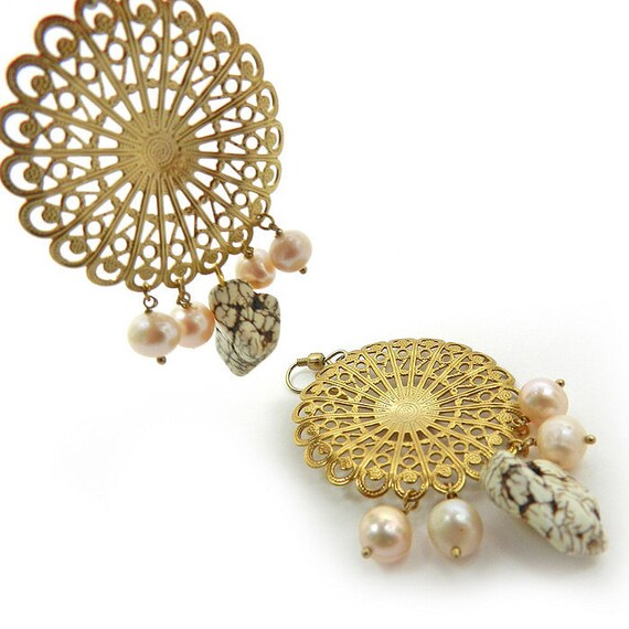 Gold Filigree Earrings Pearl Chandelier by osofreejewellery