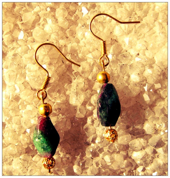 Handmade Gold Hook Earrings with Shaped Ruby Ziosite by IreneDesign2011