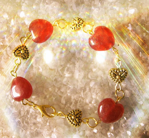 Handmade Gold Bracelet with Ruby Hearts by IreneDesign2011