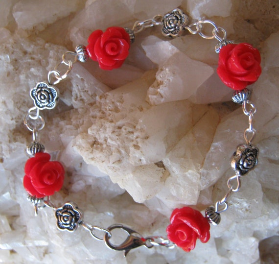 Beautiful Handmade Silver Bracelet with Red Resin Roses