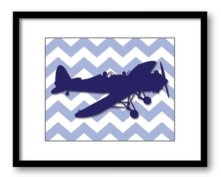 Blue Airplane Chevron Boys Art Print Nursery Art Nursery Print Child Baby Art Print Boys Kids Room W