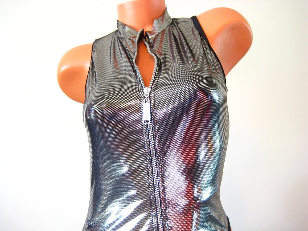 Speedo Swimsuit ZIP FRONT Silver Holographic Reflective Iconic