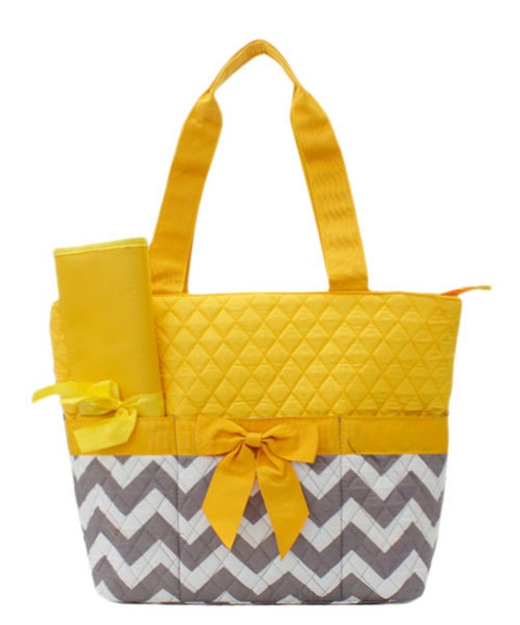 Machine Embroidered Quilted Diaper Bag Gray Chevron Print
