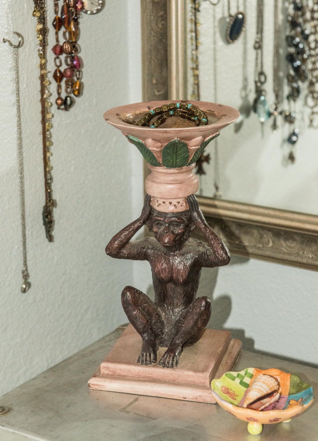 Ceramic Monkey Statue vintage monkey holding palm basin