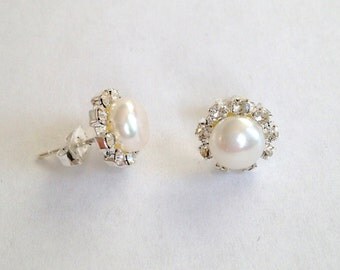 Pearl Earrings - 8 mm White Freshwater Pearl Stud Earrings with rinestones around, fresh water pearl earrings, JEW000078