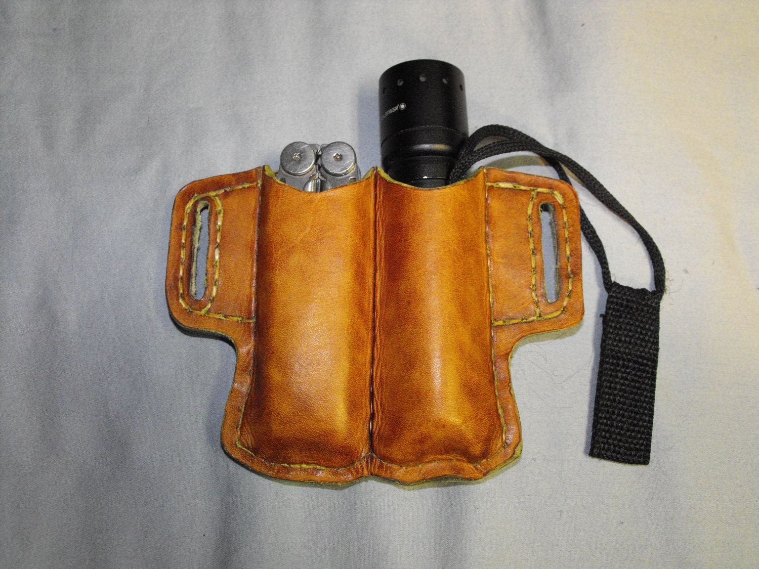 Handmade Brown Leather Flashlight and Multitool Holster