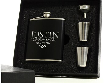 Liquor Flasks, Set of 7, Personalized Gifts for Groomsmen, Best Man Gift, Black