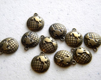 10 Small Bronze Globe Charms - 16mm - World Charms - Steampunk Charms