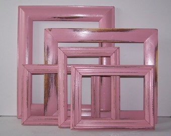 Upcycled Vintage Shabby Pink Distressed Open Frame Set of 5 Home Decor