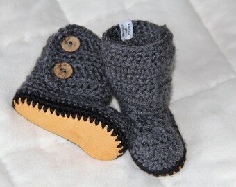 Kids's crochet double cuff boots with leather soles, crochet slippers, kid's slippers, sizes jr 7 - sr 2