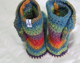 Lady's striped crochet double cuff boots with leather soles, crochet slippers, women's slippers, sizes 5 - 11, Optimistic