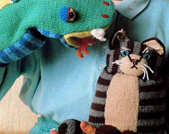 INSTANT DOWBLOAD PDF Vintage Knitting Pattern Toy Cat and Dragon Glove Puppet Retro 1970s