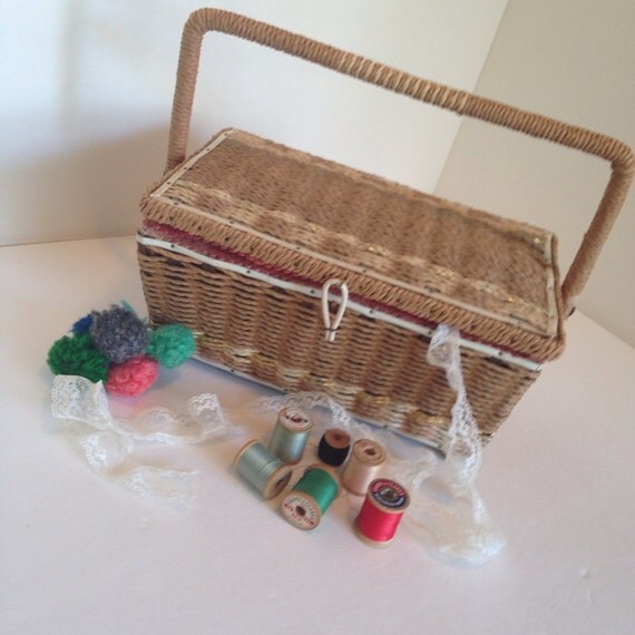 Vintage Sewing Basket Kit with Vintage Wooden Spools and Pin