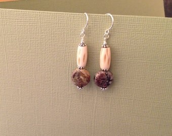 Jasper and ivory pipe bone bead dangle earrings.
