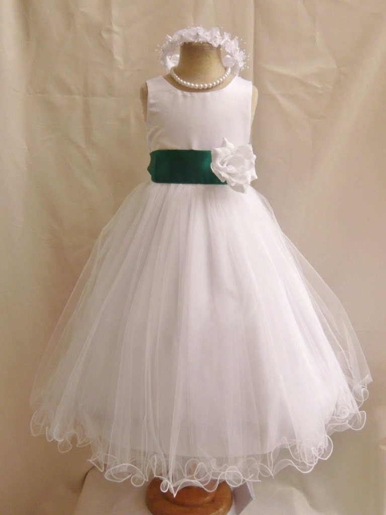 Flower Girl Dresses WHITE with Green Hunter by NollaCollection