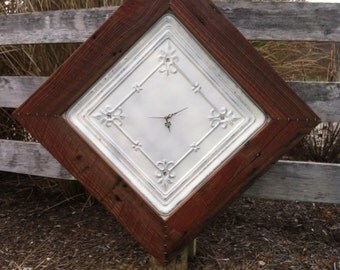 PRICE REDUCED****Large Handmade Antique Tin Ceiling Tile Clock With Salvaged Red Barn Wood Frame