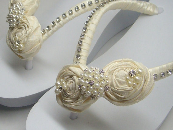 Ivory Bridal Wedge Flip Flops  Wedding Satin Rolled Flower Flip Flops ...