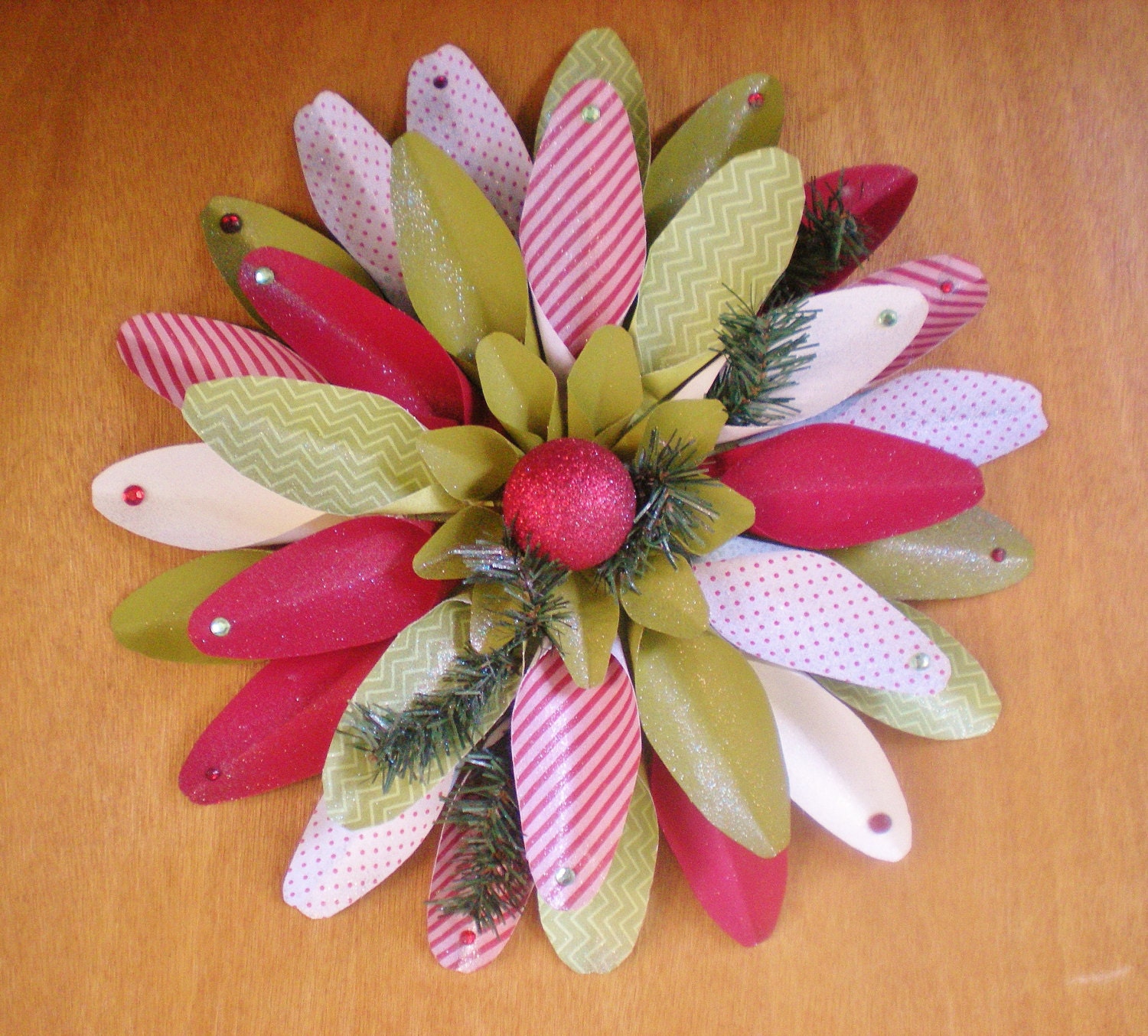 Christmas wreath wallflower chevron stripes polka dots red chartreuse green cream with glitter and rhinestones