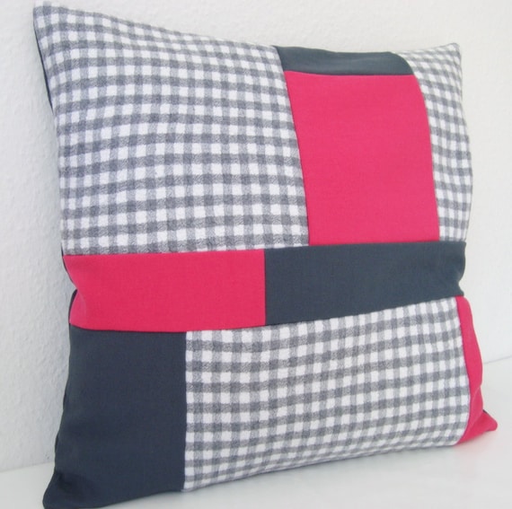 Items similar to Patchwork Pillow, Buffalo Check Pillow, Grey Pink Pillow Cover, Felt Pillow ...