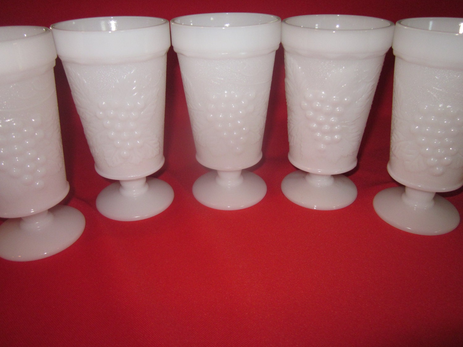 Vintage Pedestal Milk Glass Drinking Glasses with Grape Design