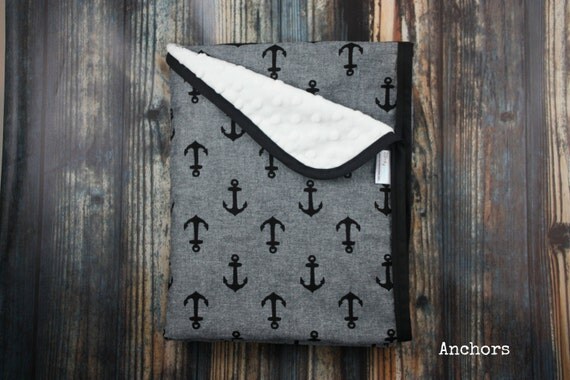 Gender neutral nautical black and gray chambray cotton and minky baby blanket