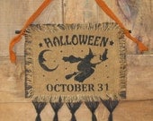 Primitive Halloween Stenciled Burlap Hanging - Ready to Ship