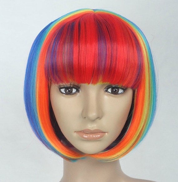 Short straight rainbow wig. Synthetic multi-color wig -high quality ...