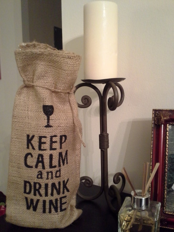 Items similar to Burlap Wine/Liquor Bottle Gift Bag, "Keep Calm and