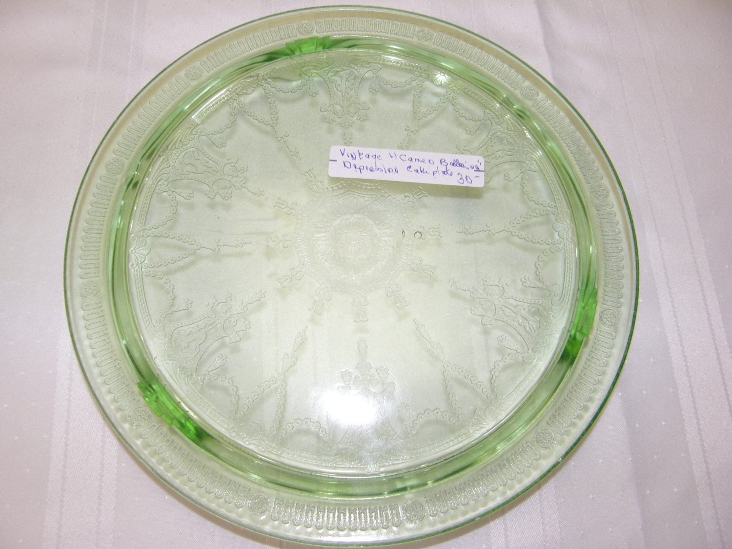 Vaseline Green Cameo “Ballerina” Footed Cake Plate 193034 Hocking Glass Co Haute Juice