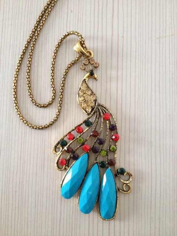 Items Similar To Vintage Style Peacock Necklaceblue Gem Peacock Jewelry Necklaceantique Bronze 1843