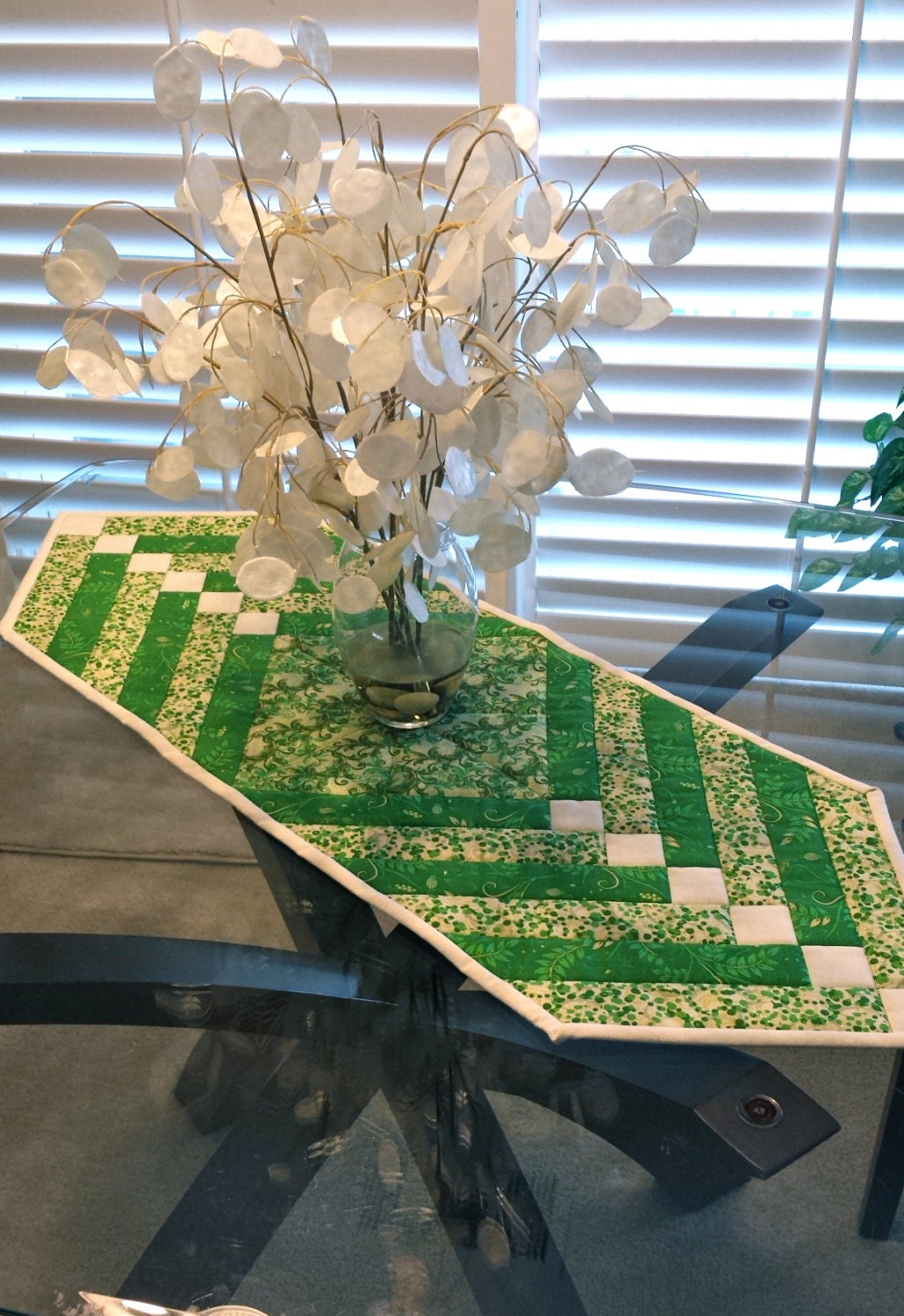 Hand made green and cream colored reversible table runner