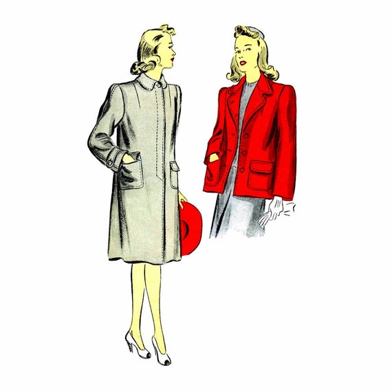 Vintage 1940s Womens Full Length Coat Sewing Pattern Hip Length Coat DuBarry 5232 Misses  Size 14 Bust 32
