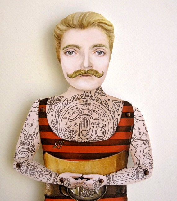 Victorian Tattooed Dude Paper Puppet Doll - Johnny the Boy, Handsome Angler