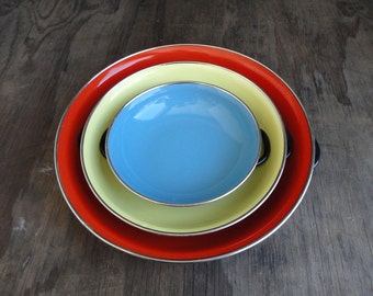 Mid Century Enamel Pan Set - Red Blue and Yellow - Set of 3 - Made in Yugoslavia