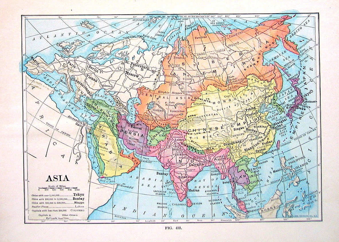 Asia Map Antique 1910 World Atlas Book Plate 9 x 7 TA