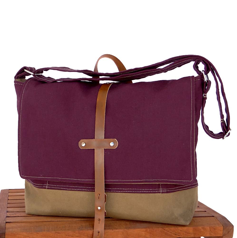 Waxed Canvas Messenger Bag Purple Hemp and Canvas by 1820BagCo