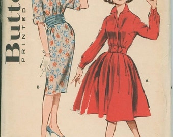 1960s Butterick 9010 Full Skirt Rockabilly Dress Sewing Pattern Vintage Size 11 Shirt Dress Wiggle skirt UNCUT