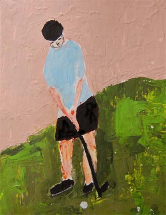 Acrylic Palette Knife Painting 8.5x11 Ready to Putt, Original Portrait man, golf club, blue sky, black, green golf course
