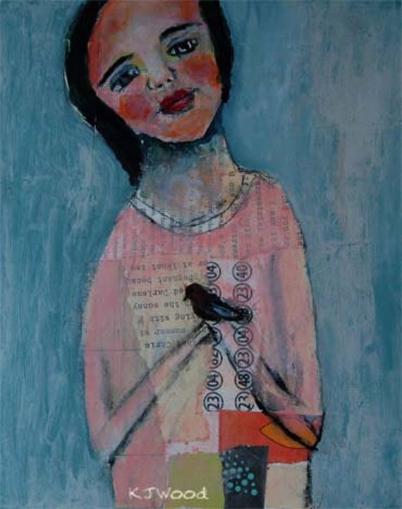 Original Acrylic Portrait Figure Painting Girl holding black bird in hand, Unless There is Loyalty