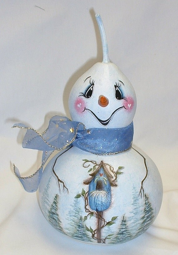 Snowman Gourd with Blue Birdhouse Hand Painted Gourd