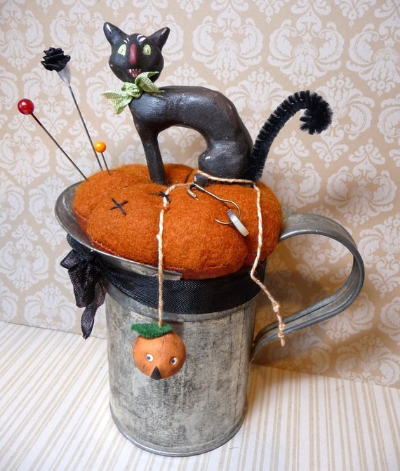 Vintage Style SPOOKY BLACK CAT in Antique Tin Pincushion Halloween Folk Art