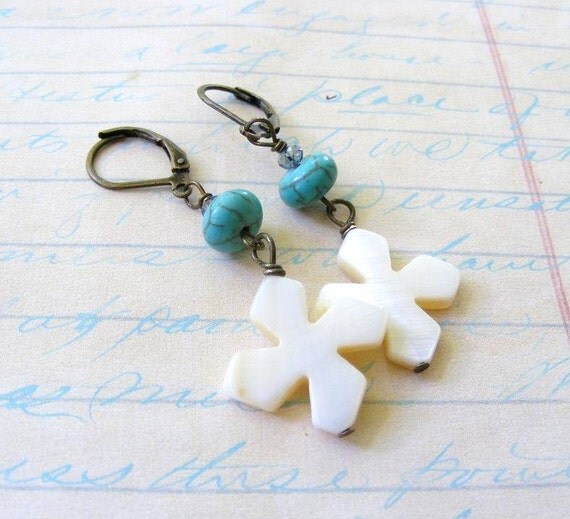 Mother of Pearl Shell Cross and Turquoise Dangle by meiguidesigns